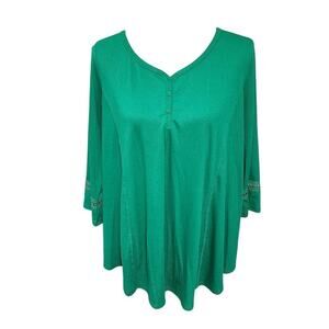 Avenue Plus Size Green Ribbed Henley Tunic Top with Lace Detail 18 20 2X New